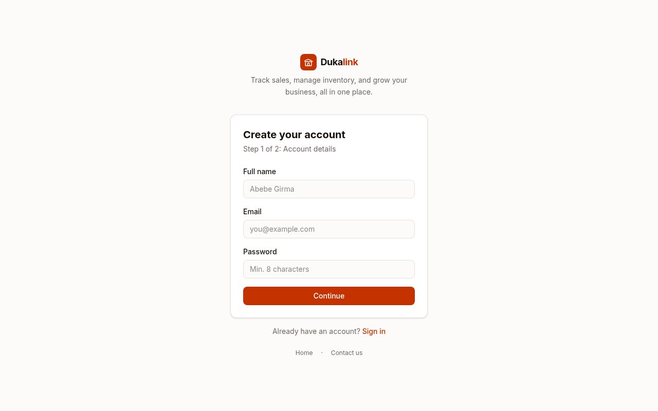 Screenshot of the create your shop account screen in Dukalink