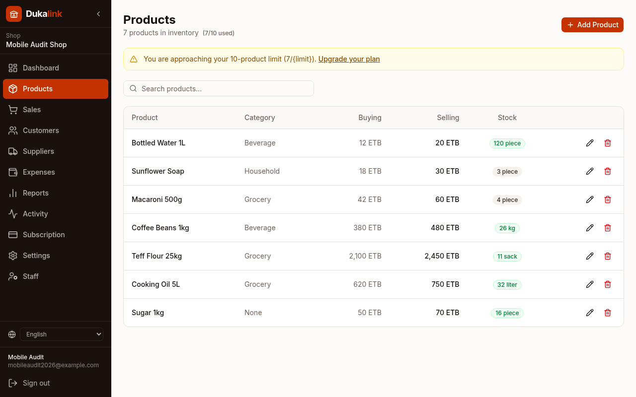 Screenshot of the add your products screen in Dukalink