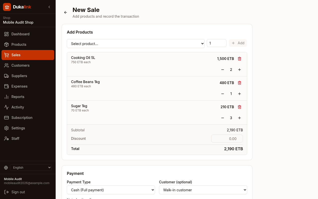 Screenshot of the record a sale screen in Dukalink