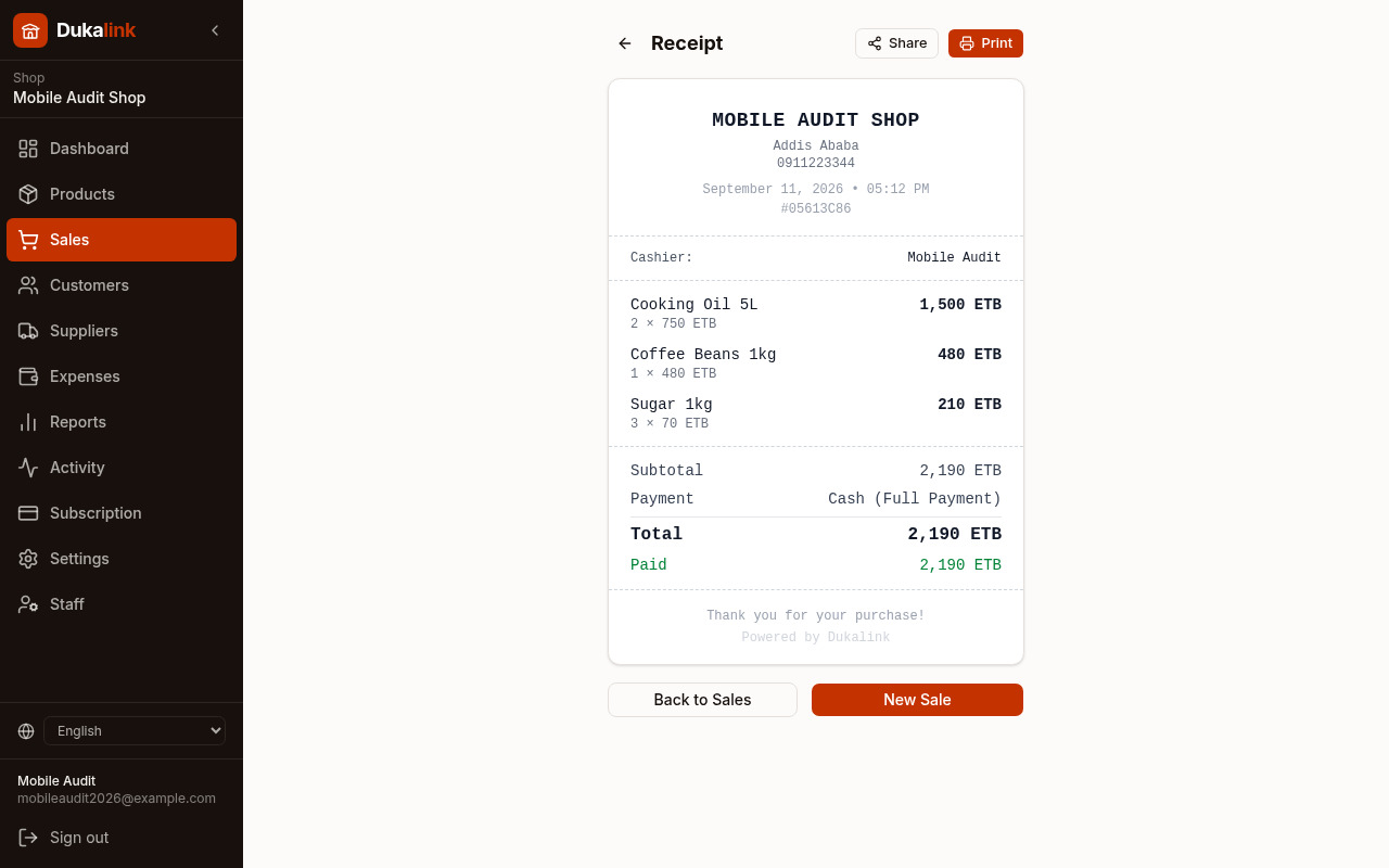 Screenshot of the print or share the receipt screen in Dukalink