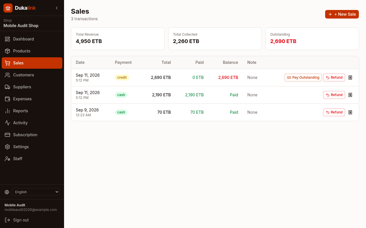Screenshot of the track every sale screen in Dukalink