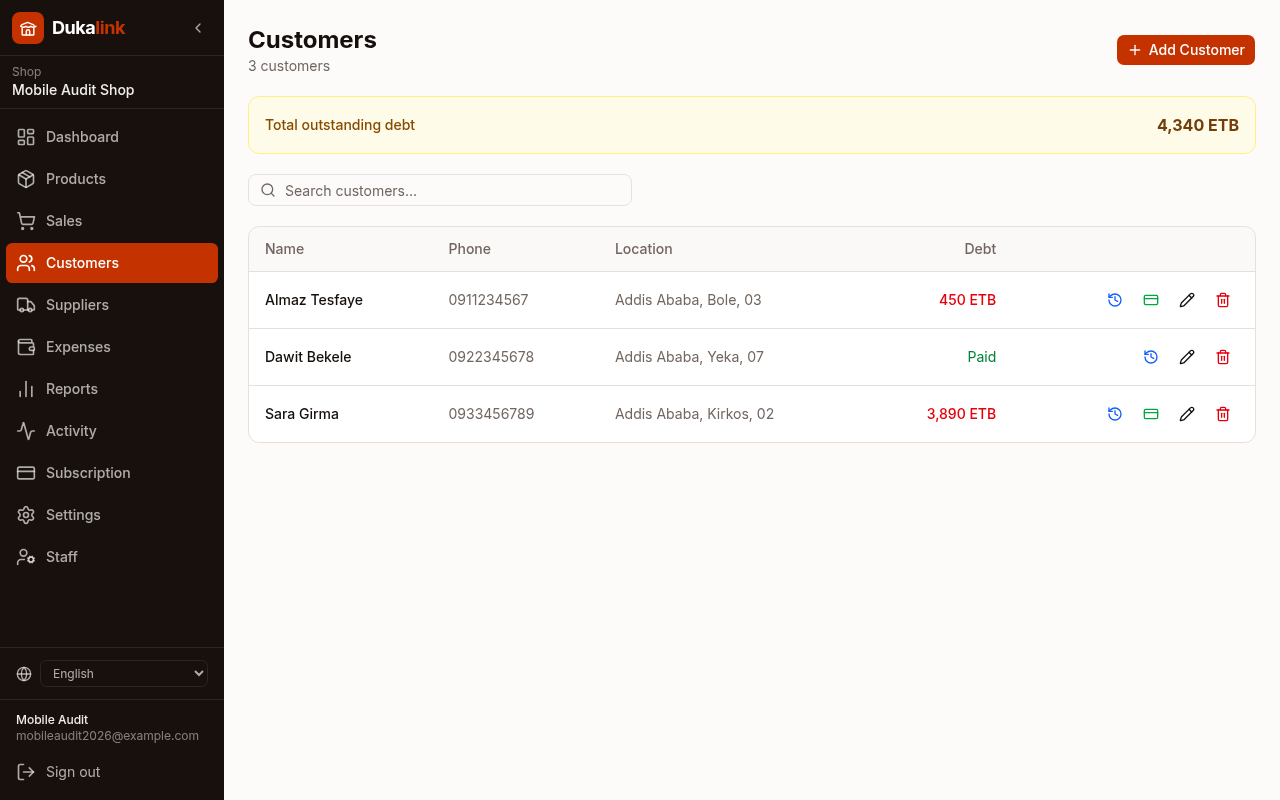 Screenshot of the manage customers and credit screen in Dukalink