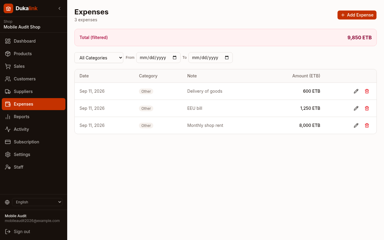 Screenshot of the log your expenses screen in Dukalink