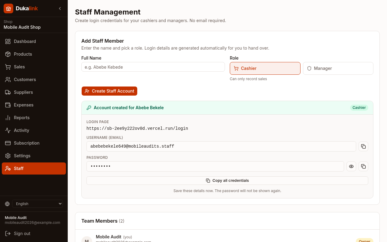 Screenshot of the add your team and set roles screen in Dukalink